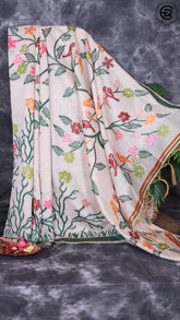 Off-White and Green Multicolor Bird Pattern Jamdani Tussar Saree